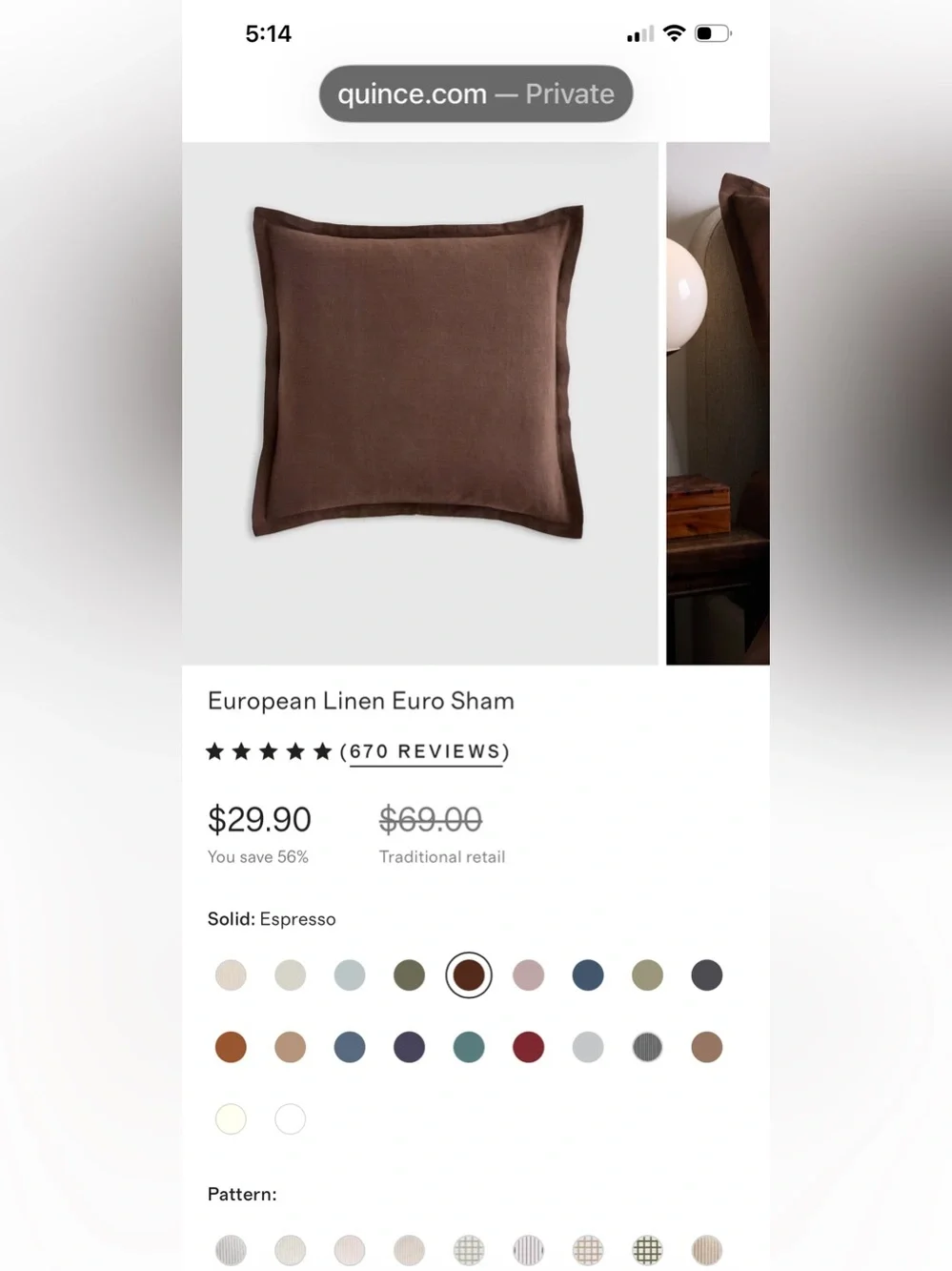 NWOT Quince European Linen Euro Sham, 26 X 26 (Espresso)